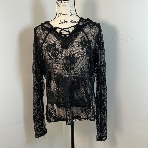 POL Black Lace Floral Hoodie Pullover Top Long Sleeve See Through Blouse - Picture 2 of 6